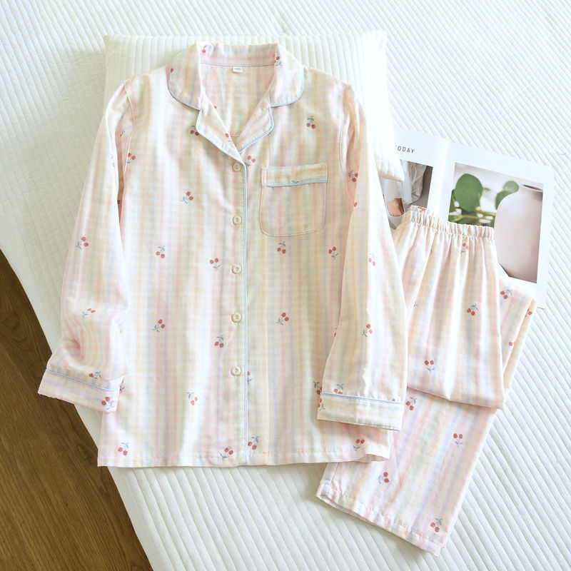 Women's Spring and Autumn Long-Sleeve Long-Pants Set, Pure Cotton Double-Layer Gauze Pajamas, Loose Fit Plus Size All-Cotton Homewear Women's Spring and Autumn Long-Sleeve Long-Pants Set, Pure Cotton Double-Layer Gauze Pajamas, Loose Fit Plus Size All-Cotton Homewear