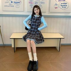 初秋穿搭一整套学院风复古收腰格纹背心裙女学生叠穿薄款长袖上衣
