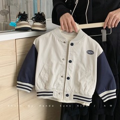 男童外套儿童米白棒球服夹克春秋装2025新款透气运动女童上衣撞色
