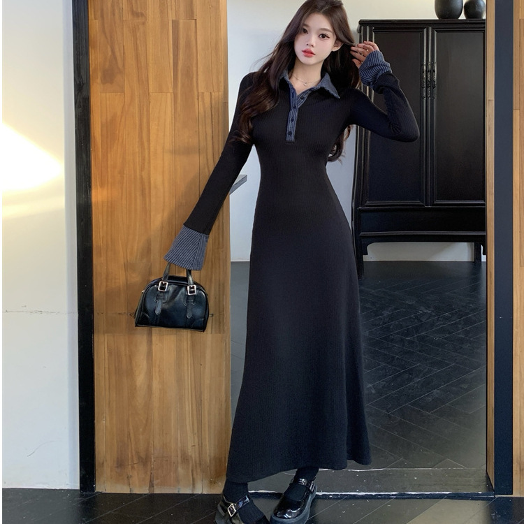 Contrast Color Polo Collar Black Knitted Long Skirt for Women Autumn and Winter Korean Style A-Line Dress Contrast Color Polo Collar Black Knitted Long Skirt for Women Autumn and Winter Korean Style A-Line Dress