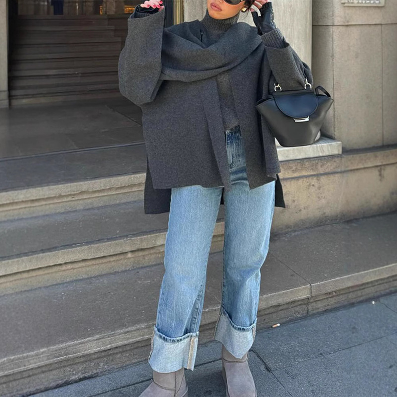 Asymmetric Shawl Scarf Knitted Sweater 2024 Cross-border European and American Style Lazy Comfortable Elegant Long-sleeved Jacket
