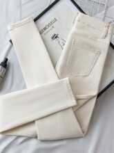 春秋新款米白色小脚裤女显瘦高腰弹力紧身小个子牛仔铅笔裤子