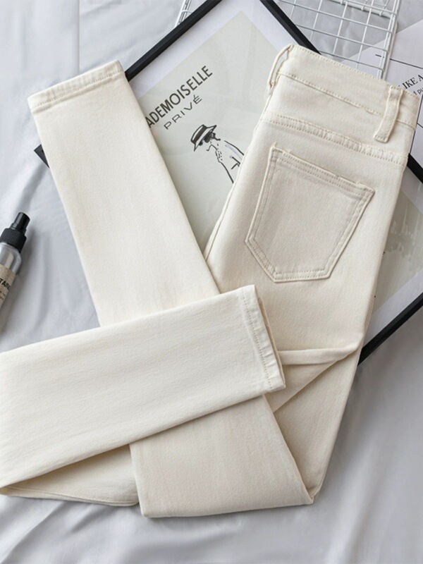 Spring and Autumn New Style Off-White Slim High-Waisted Stretchy Skinny Petite Denim Pencil Pants for Women