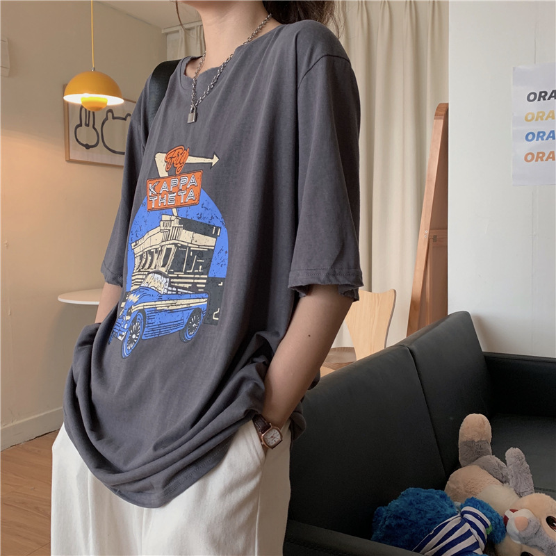 Dam t-shirt med cartoon tryck lös passform sommar topp_voghion.com