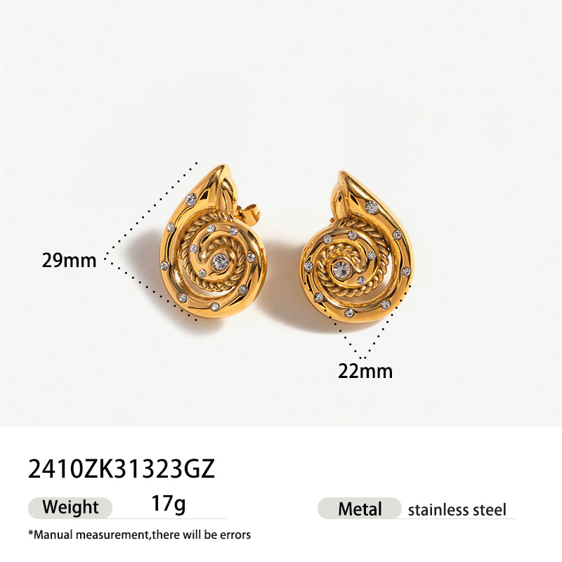 TENA diseño original de concha de estilo nicho de acero inoxidable zircon aretes de oro 18K