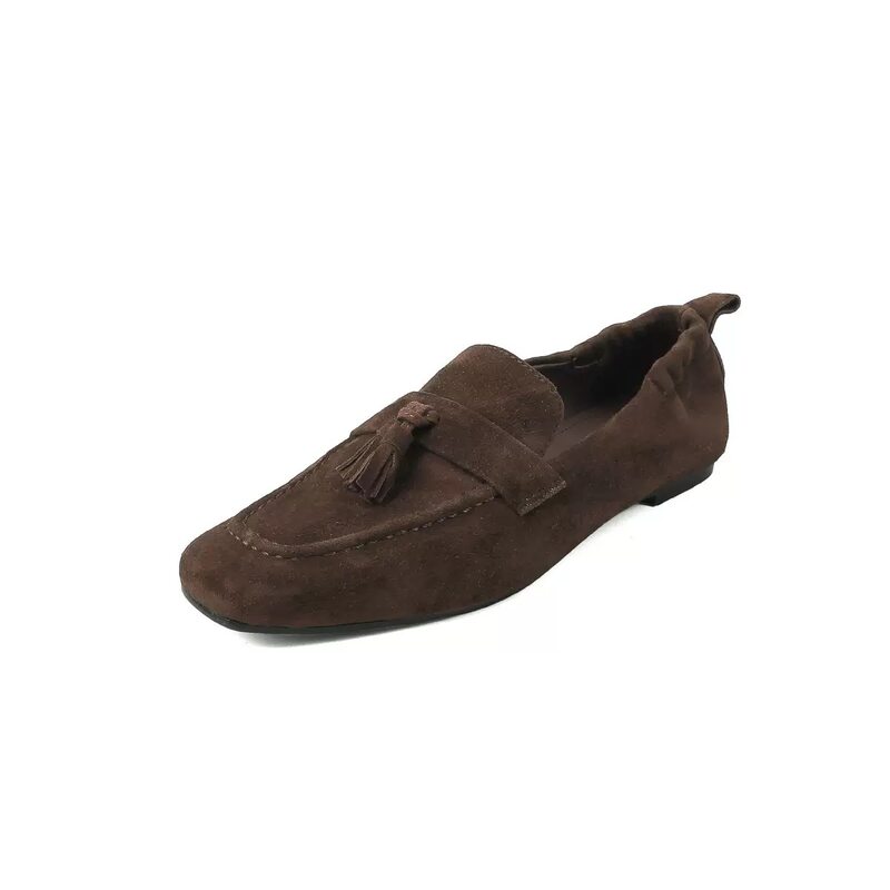Giày lười nữ mũi vuông tua rua bằng da bò thật, đế bằng, gót thấp 1–3 cm — Màu đen, còn hàng, đốm nâu