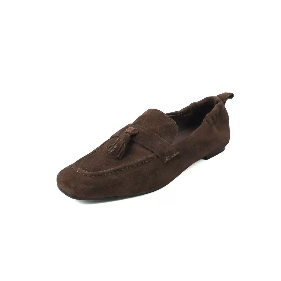 Giày lười nữ mũi vuông tua rua bằng da bò thật, đế bằng, gót thấp 1–3 cm — Màu đen, còn hàng, đốm nâu
