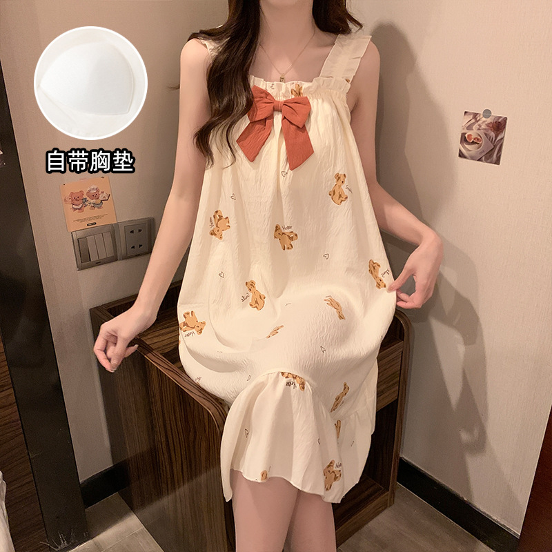 2025 pijamas de verano de niñas sin mangas de encaje dulce vestido de pijama nubes de algodón cinturón cojín de pecho flor triturada dulce ropa de viento para el hogar