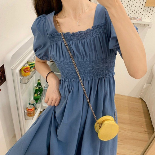 Ins Gentle Clavicle Bubble Stitch Dress Women Summer French Style Medium Long Waist-Tightening Elegant Slimming Dress Women