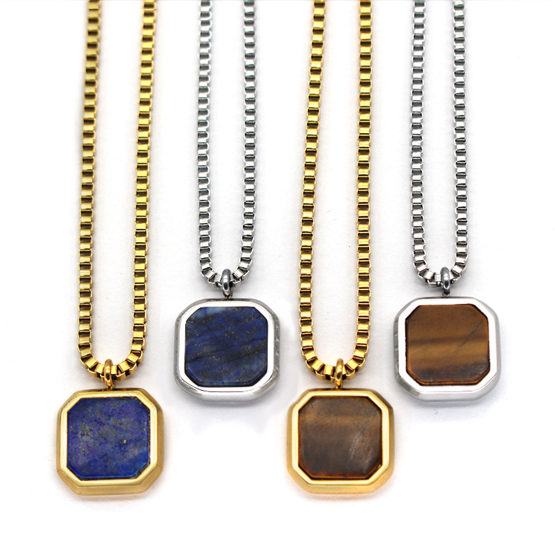 1 Piece Quantity Daily Occasion 304 Stainless Steel Material Square Pattern Unisex Retro Simple Style Charms Pendant Necklace Square 304 Stainless Steel Natural Stone Men Pendant Necklaces