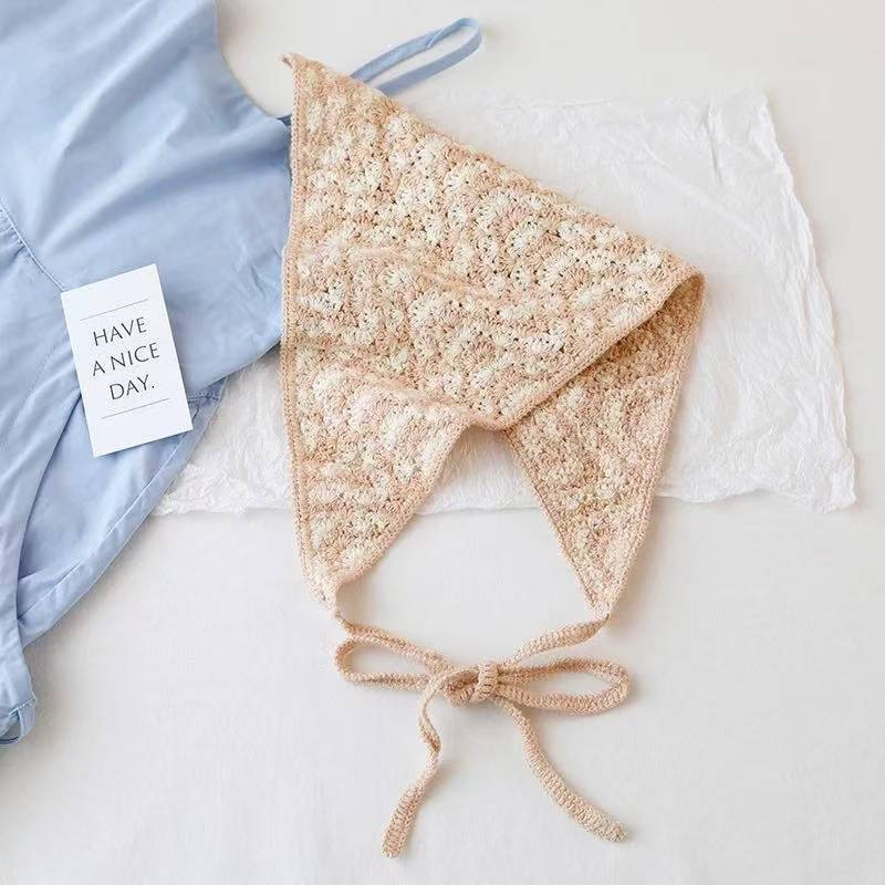 Pañuelo de punto de estilo pastoral beige, bufanda triangular, mujer, Baotou, playa francesa, linda diadema, tocado 2024 nuevo