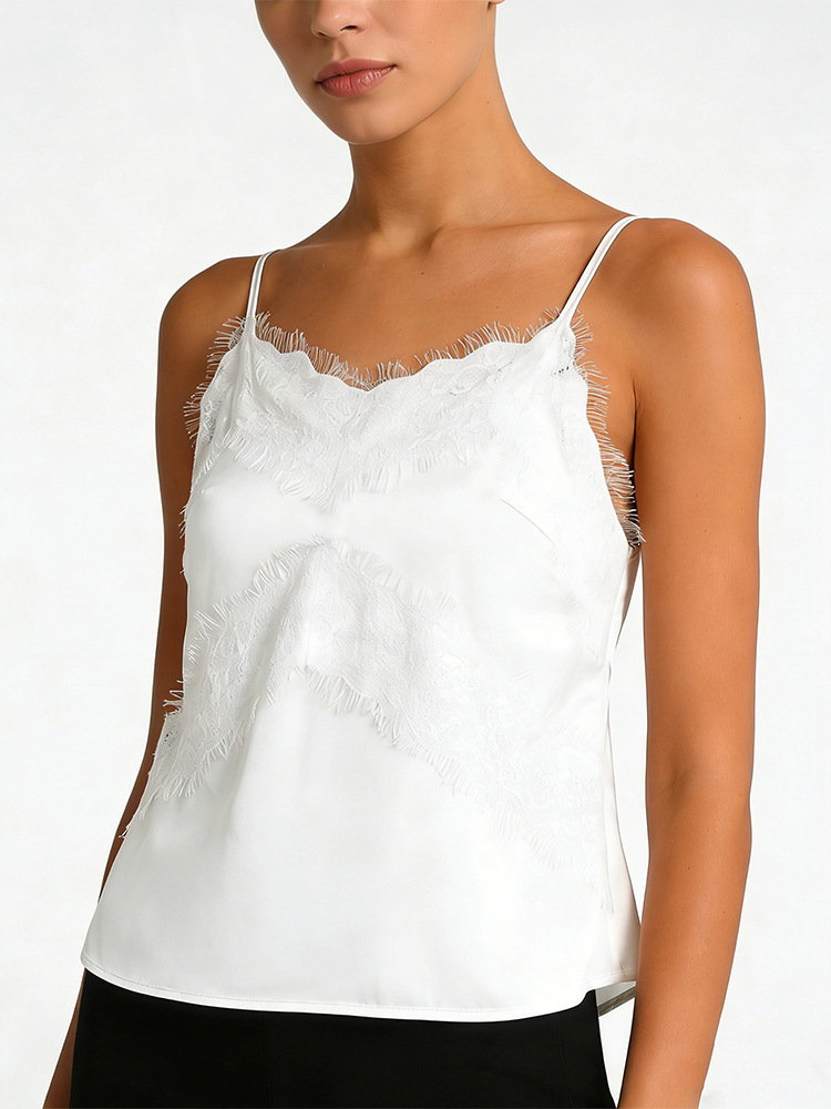 Canotta donna in raso di seta scollo a v con pizzo top estivo_voghion.com