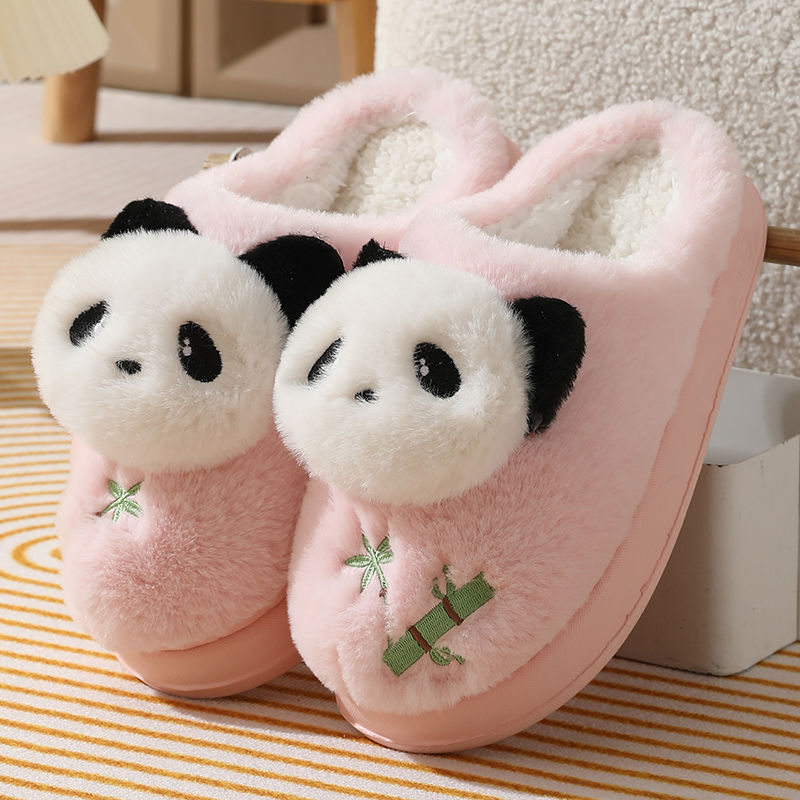 熊猫卡通可爱月子鞋厚底家用室内拖鞋情侣冬季加绒加厚保暖防滑拖