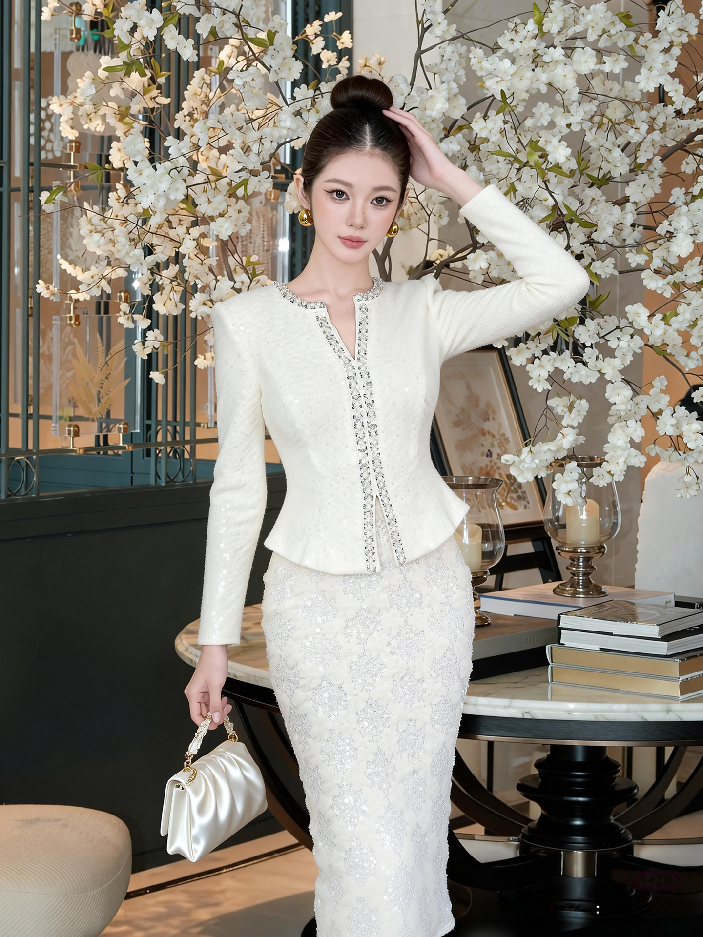Đầm ôm body nữ sequin đính đá cổ chữ V tay ngắn — Màu trắng sữa