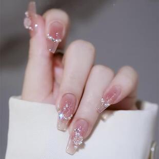 Nail Patch Removable Camellia Aurora Diamond Whitening Nude Color High-End Nail Patch Manicure 24 Pieces with Glue Set