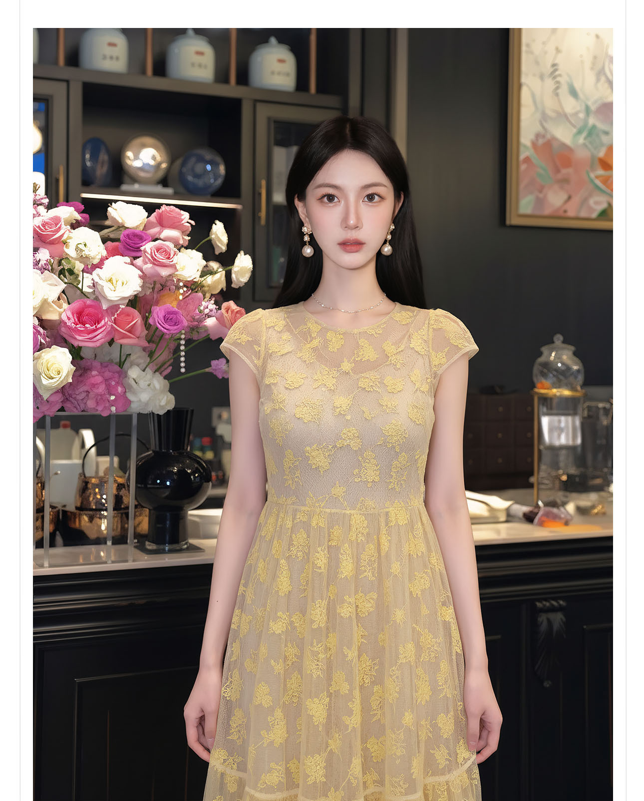 Đầm maxi nữ thêu ren hoa cổ điển tay ngắn thắt eo — màu sắc chi tiết 3