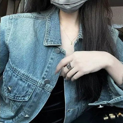 Retro denim autumn design short jacket, 2025 years, oversize