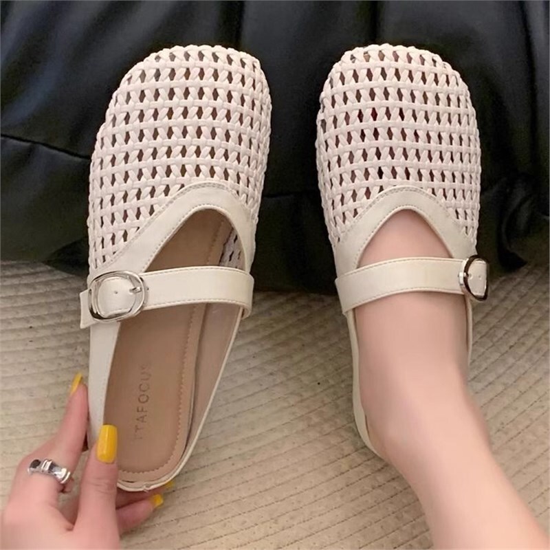 2025 新メリージェーンハーフスリッパ女性の夏のアウターフレンチ中空織網タイツシューズ包頭サンダル卸売|undefined