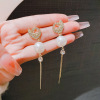 Silver needle, white long earrings from pearl, silver 925 sample, diamond encrusted, wholesale