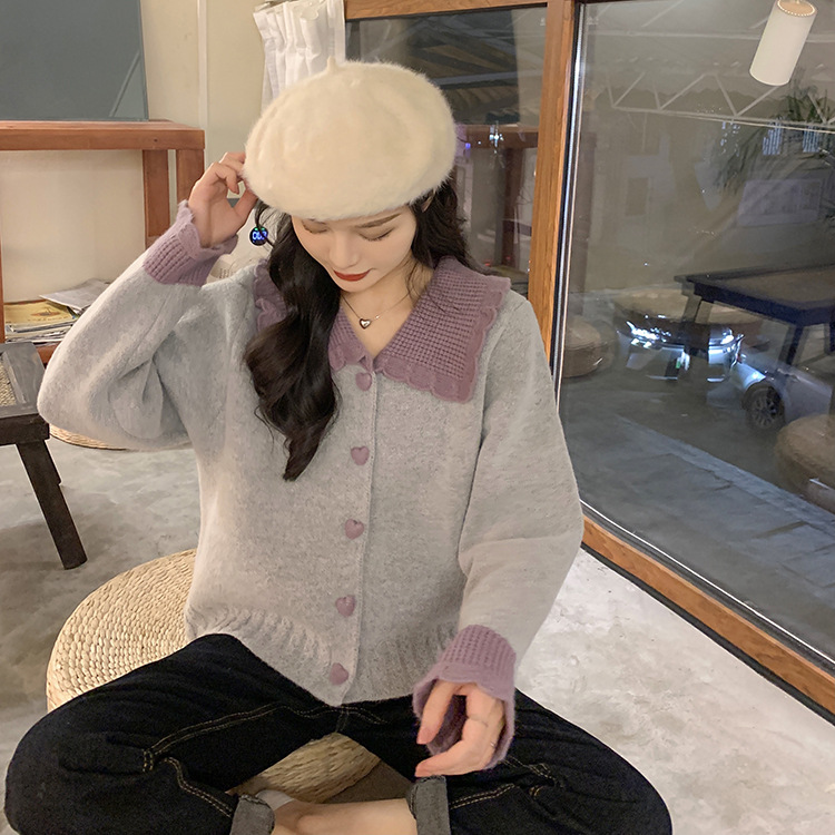 新款麻花毛衣外套女 2022春季宽松外穿慵懒风爱心扣拼色针织上衣