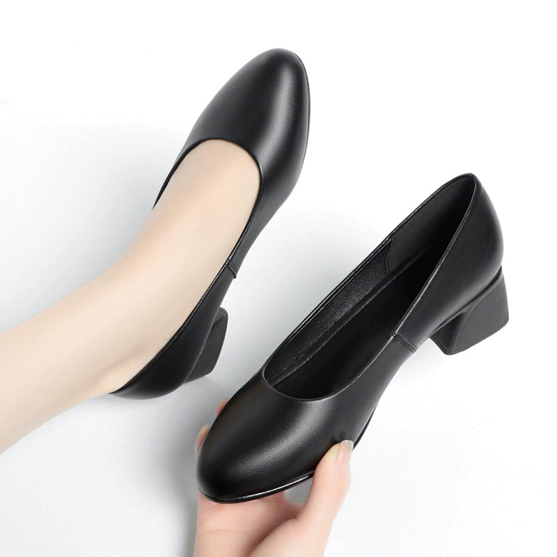 Рабочая обувь для женщин, черные профессиональные женские туфли, рабочая обувь, средние каблуки стюардессы, толстые каблуки, высокие каблуки, маленькие кожаные туфли, деловая официальная одежда на рабочем месте.