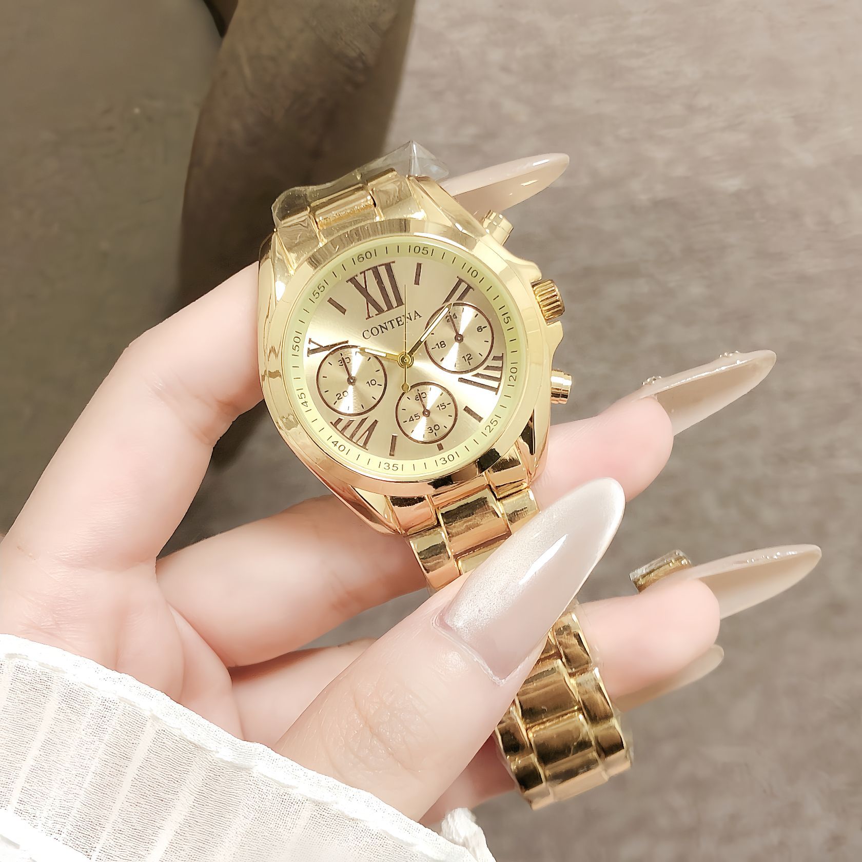 New Contena Golden Three-Eye Watch, Versatile Women's Exquisite Roman Numeral Scale Steel Band Quartz Watch