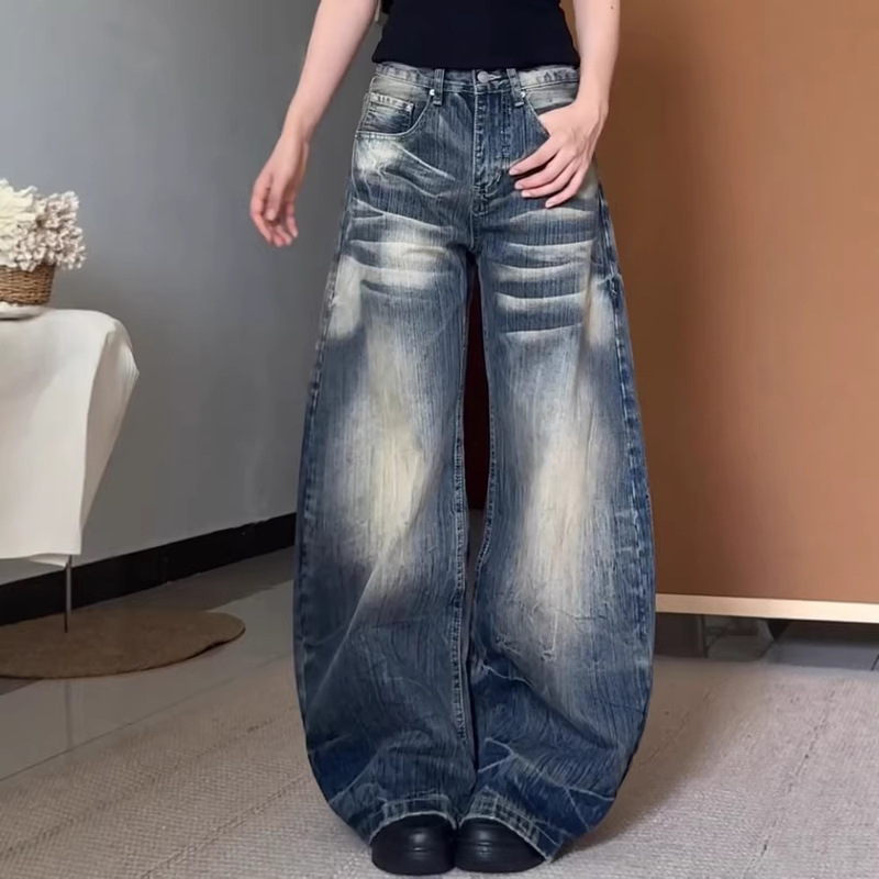 Curved Hem Jeans for Women, Washed Blue American Style Curved Hem Jeans, Unisex Couple's Pants, American Retro Distressed Look