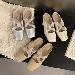 ZYRY法式包頭半拖鞋外穿女鞋2023年春夏新款仙女風配裙子銀色淺口