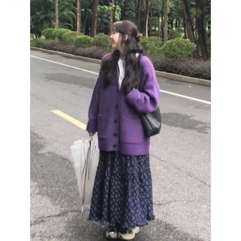 温柔慵懒风时尚套装女秋冬新款宽松毛衣开衫碎花半身裙两件套|undefined