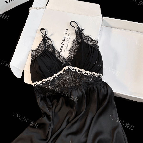 Sexy Ice Silk Nightdress with Chest Pad, New Style Strap, Wearable Outside, Women's Lace Beautiful Back Black Pajamas