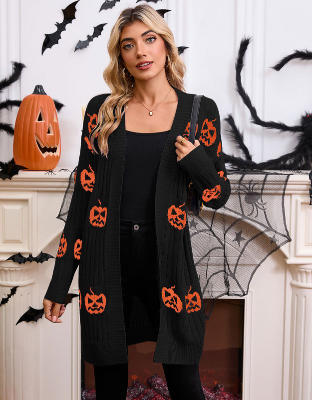 外国貿易クロスボーダー新しいヨーロッパとアメリカのセーター女性のためのアマゾンハロウィンパンプキンヘッドジャカードニットカーディガンジャケットセーター|undefined