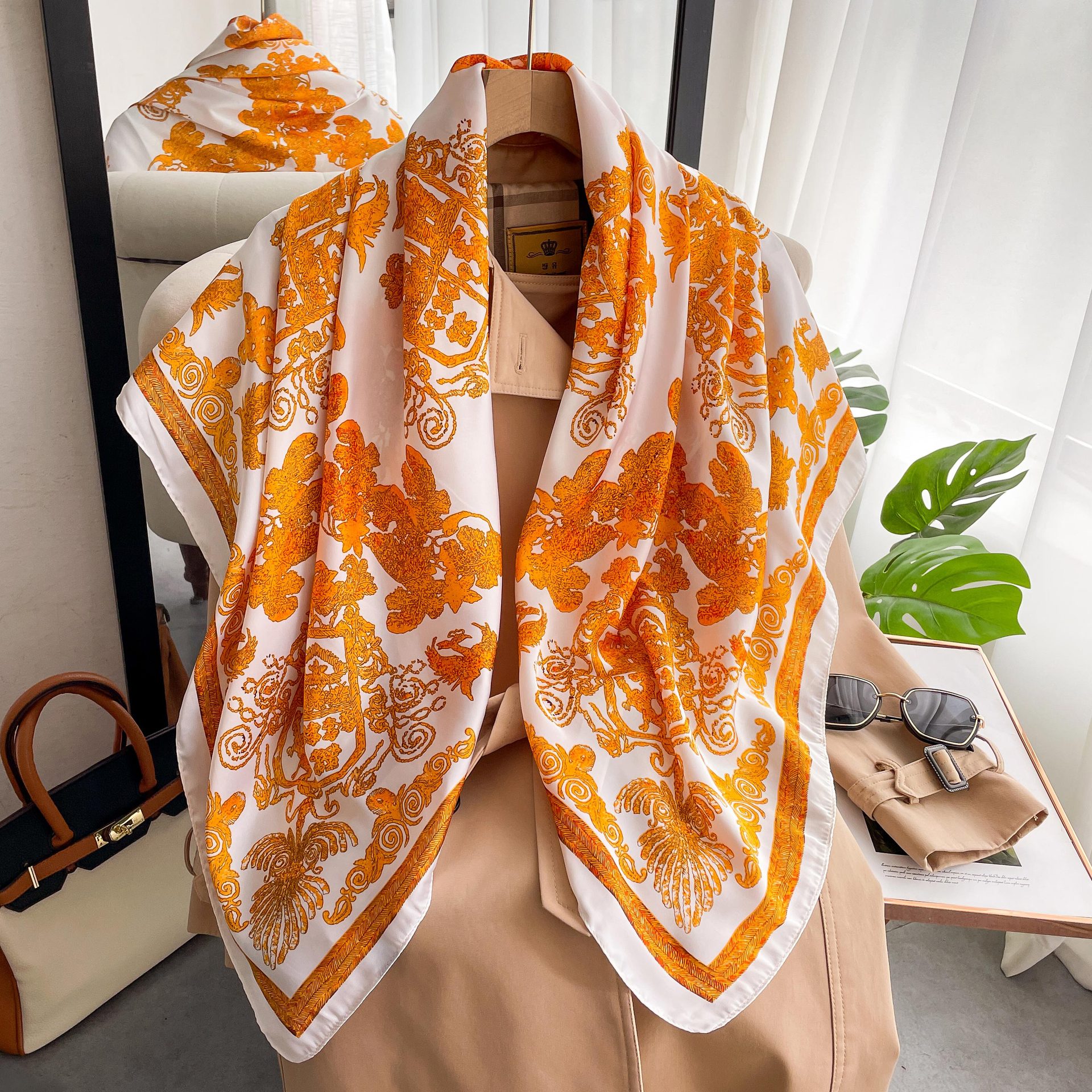 Long Silk Scarf For Women Beach Sun Protection Shawl Patterned_voghion.com