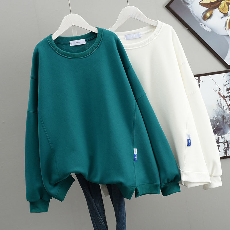 Spring and Autumn plus size 150.00kg Solid Color Round Neck Sweatshirt Women's Loose chubby girl 100.00kg Korean Style All-match Pullover Long Sleeve Top