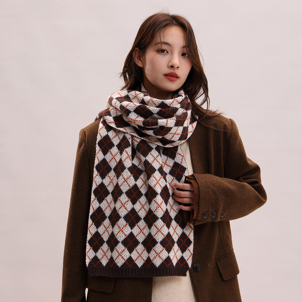 Sciarpa lavorata a maglia autunno inverno nuova con griglia a rombi, collo spesso e caldo, versatile per coppie, morbida_voghion.com