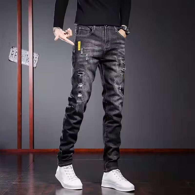 Men's Pants Spring and Summer New Arrival Black Casual Pants Korean Style Trendy All-Match Rapped Slim-Fit Denim Trousers for Men