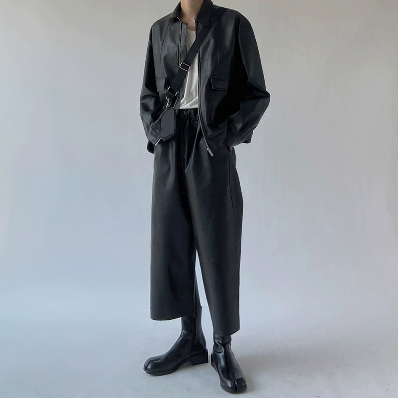 Осенняя кожаная мужская Свободная велосипедная одежда MYQ с лацканами в Корейском стиле, модная брендовая винтажная кожаная куртка-Авиатор, модное пальто