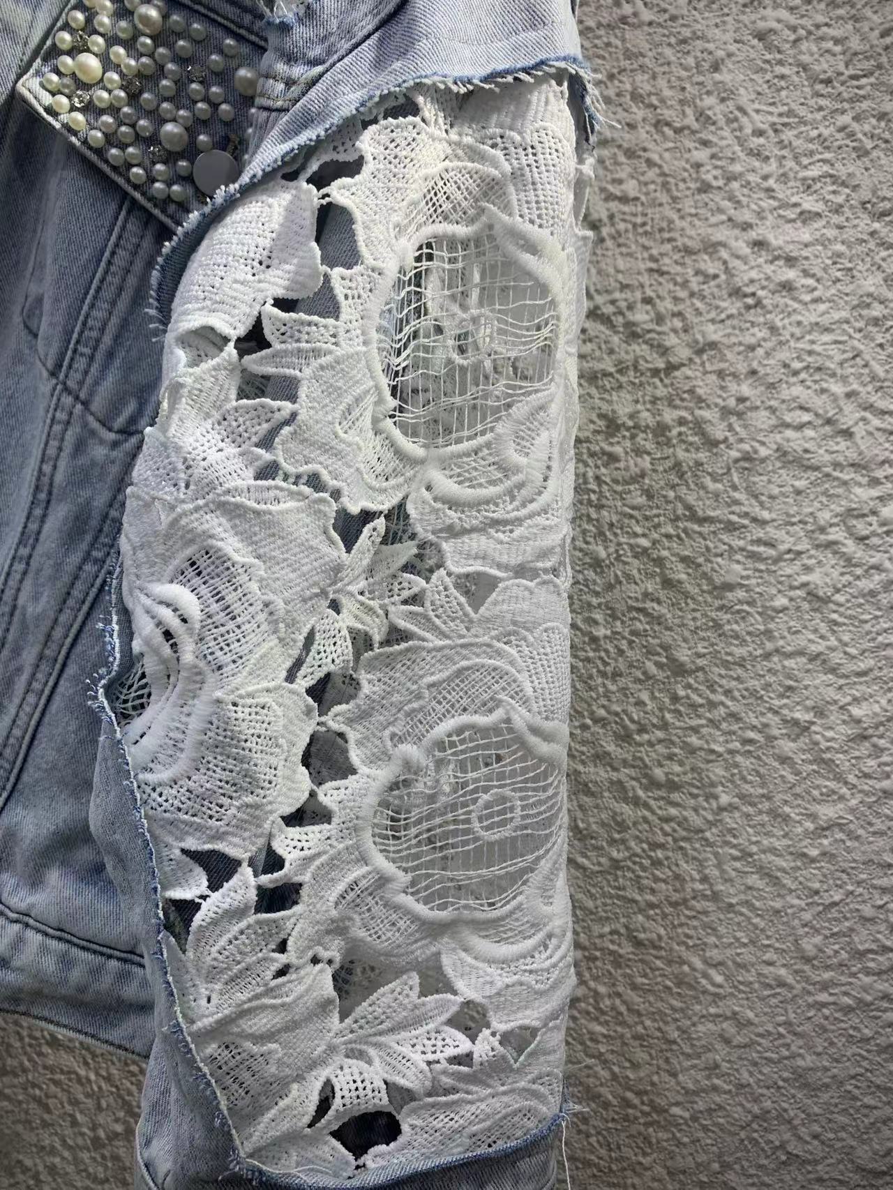 Sheer Embroidered Denim Jacket – Oversized Cropped Style With Lace Trim & UV Protection (S-XL, Light Wash, Casual-Chic Layering Essential)_mkmklike.com