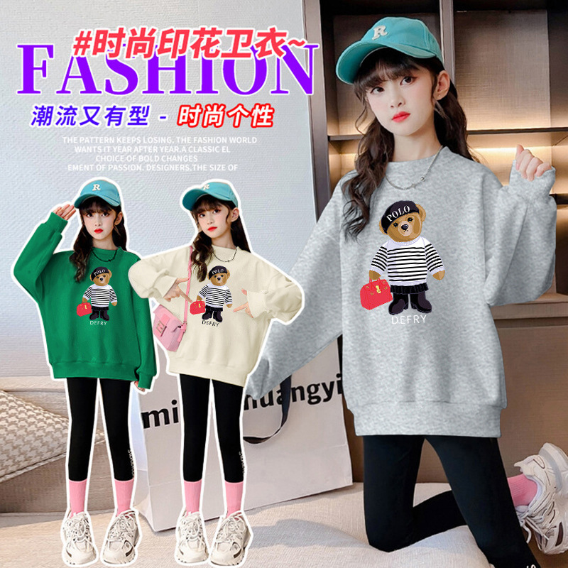 Women's Spring and Autumn Season Sweatshirt New Children's Stylish Cartoon Print Round Neck Spring Outfit Older Girl Fashion Upstyle Top