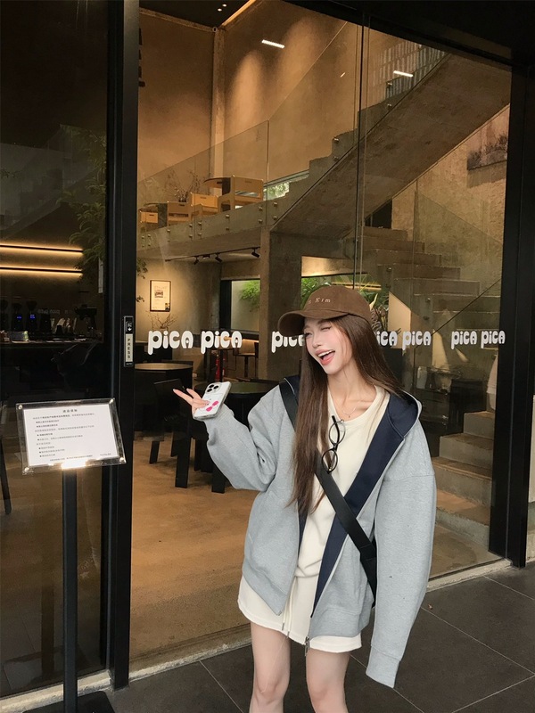 美式复古撞色连帽拉链卫衣外套女秋季休闲宽松开衫慵懒风灰色上衣|undefined
