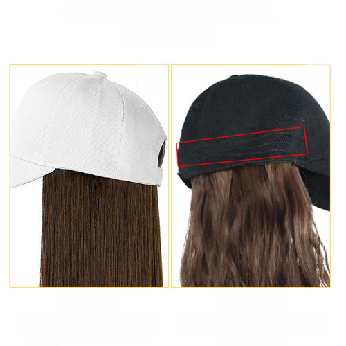 Four-season hat with fake hair, women's integrated fake hair cap, baseball cap with long straight hair 
