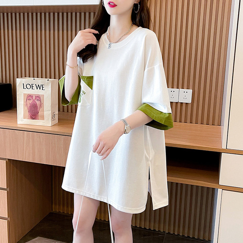 2024 summer new loose casual all-matching design color matching round collar T-shirt top