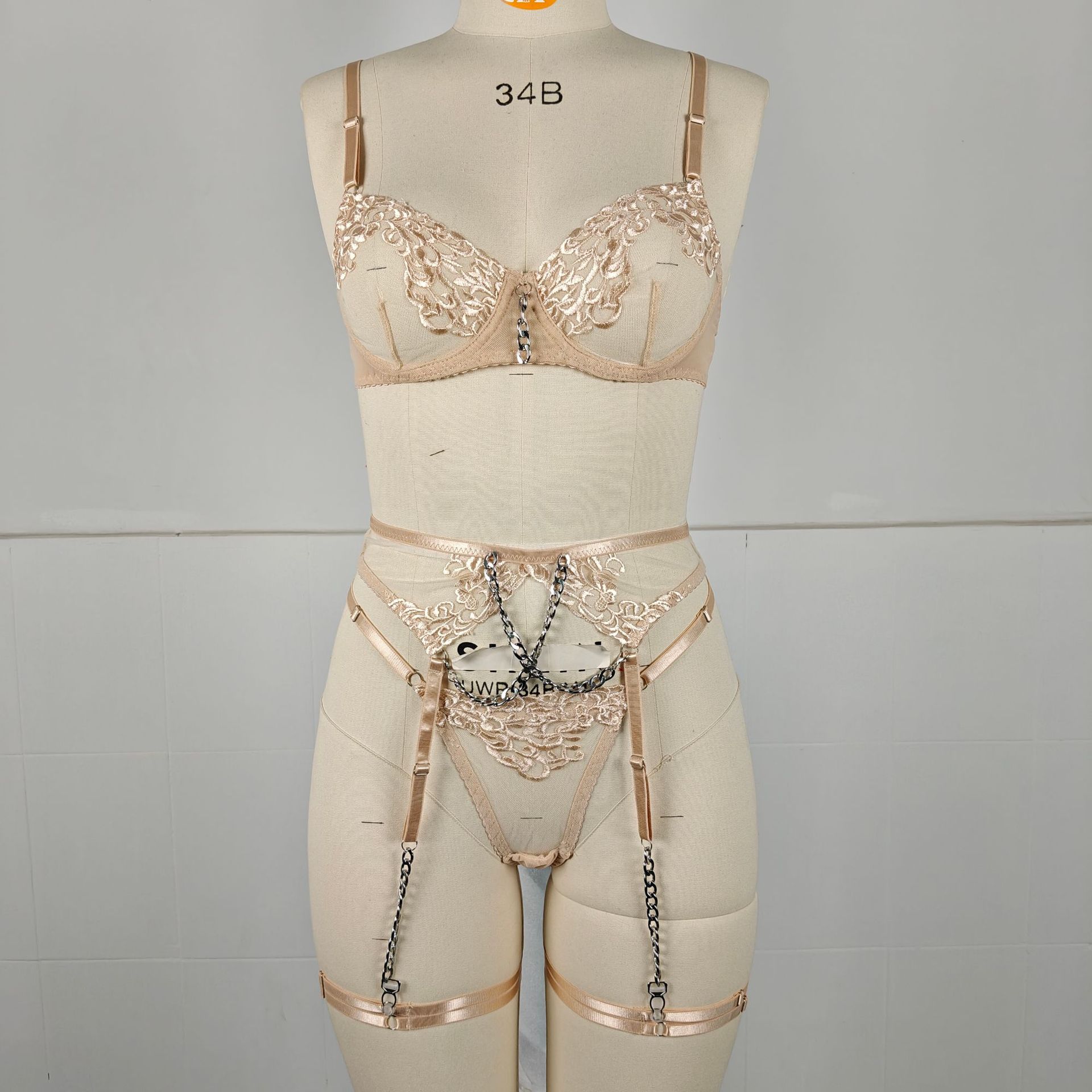 Women's Sexy Solid Color Stainless Steel Flower & Leaf Jewelry Indoor Home Sheer Bra Low Waist See-Through Sexy Lingerie display picture 7