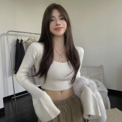 法式喇叭袖针织衫女秋冬季设计感辣妹内搭打底衫短款毛衣长袖上衣