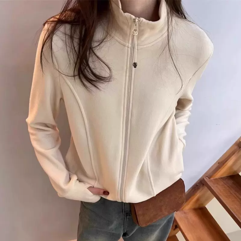 双面德绒女式绒衫卫衣时尚纯色新款2025立领拉链开衫大码女装外套