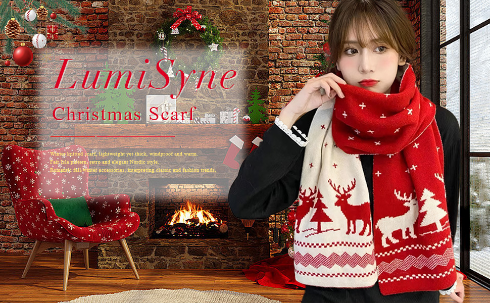 Sciarpa di lana calda lavorata a maglia con renne autunnali e invernali, scialle, sciarpa rossa per Capodanno._voghion.com