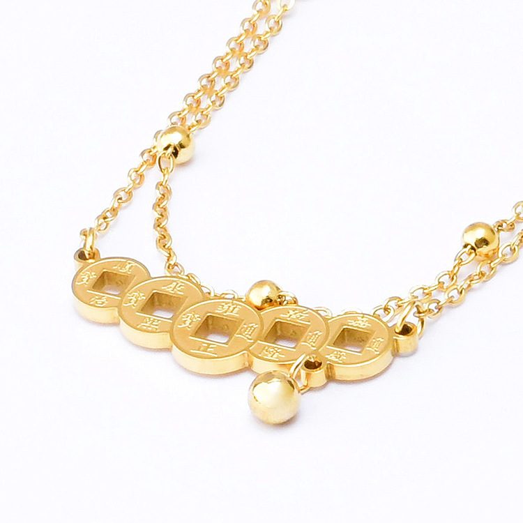 No se desvanece de acero de titanio de doble capa de cadena de cobre moneda patrón colgante vintage color retención tobillera mujer estilo chino nicho tobillera