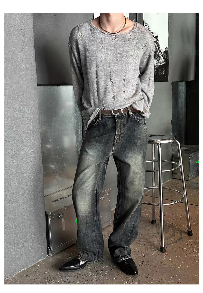 Herrenbekleidung: Herren-Strickpullover im Used-Look mit Spitzenbesatz und übergroßem Kragen – Trendiger Langarmpullover für Streetwear und Lagenlook_voghion.com