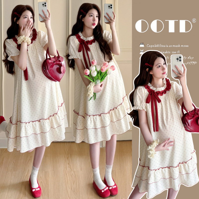 Beautiful Dress for Pregnant Women 2026 Summer Maternity Wear French Sweet and Gentle Style Red Bow Polka Dot Baby Doll Dress Beautiful Dress for Pregnant Women 2026 Summer Maternity Wear French Sweet and Gentle Style Red Bow Polka Dot Baby Doll Dress