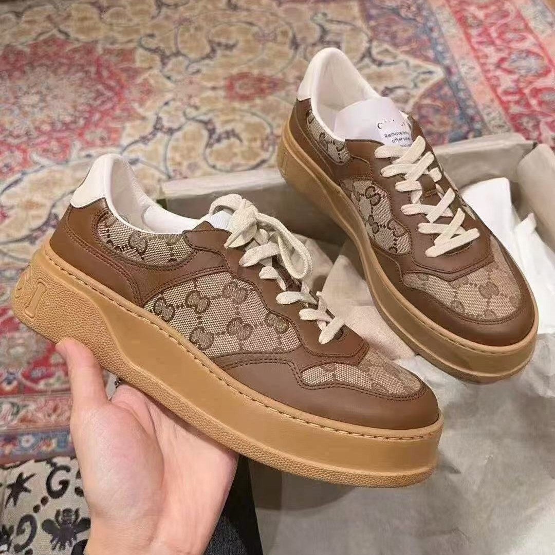 High-end G-brand panda biscuit shoes for women, genuine leather with double G embroidery, vintage pattern, thick-soled height-increasing sports casual shoes for men