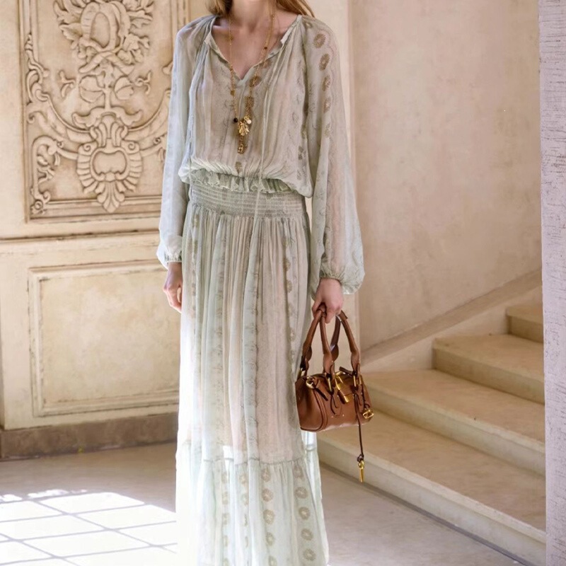 In Stock Ptree Jacquard Chiffon Dress with Waist-Cinching V-Neck Long Skirt, Elegant Vacation Dress, Southeast Asian Vacation Style In Stock Ptree Jacquard Chiffon Dress with Waist-Cinching V-Neck Long Skirt, Elegant Vacation Dress, Southeast Asian Vacation Style